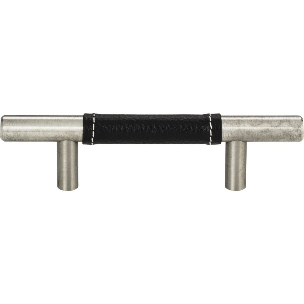 3" Centers European Bar Pull in Black Leather and Stainless Steel