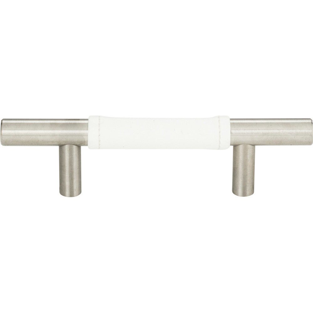 3" Centers European Bar Pull in White Leather and Stainless Steel