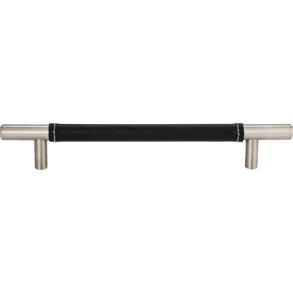 6 1/4" Centers European Bar Pull in Black Leather and Stainless Steel