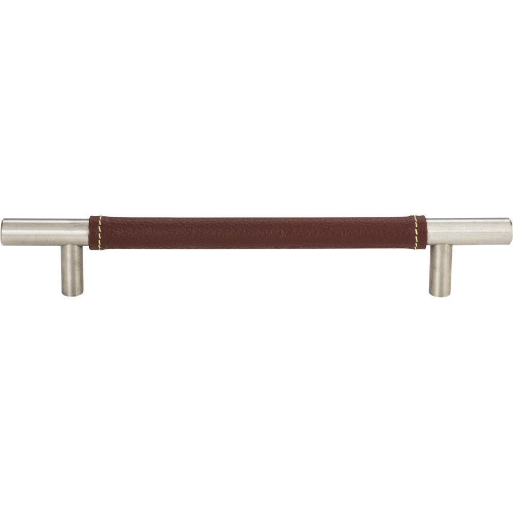 6 1/4" Centers European Bar Pull in Brown Leather and Stainless Steel