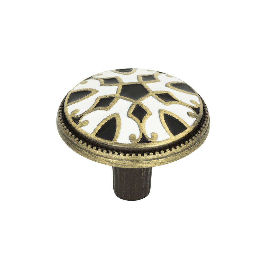 1 1/2" Knob in Black and White Enamel on Burnished Brass