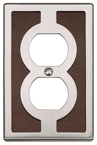 Single Duplex Outlet Switchplate in Brown Leather and Brushed Nickel
