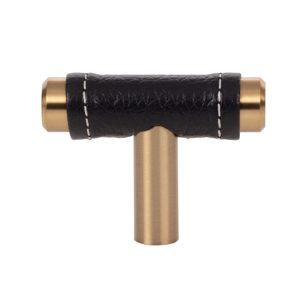 1 7/8" Long Knob in Black Leather and Warm Brass