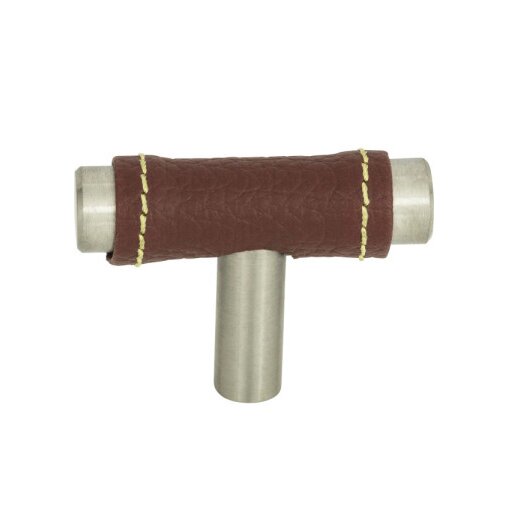 1 7/8" Long Knob in Brown Leather and Brushed Nickel