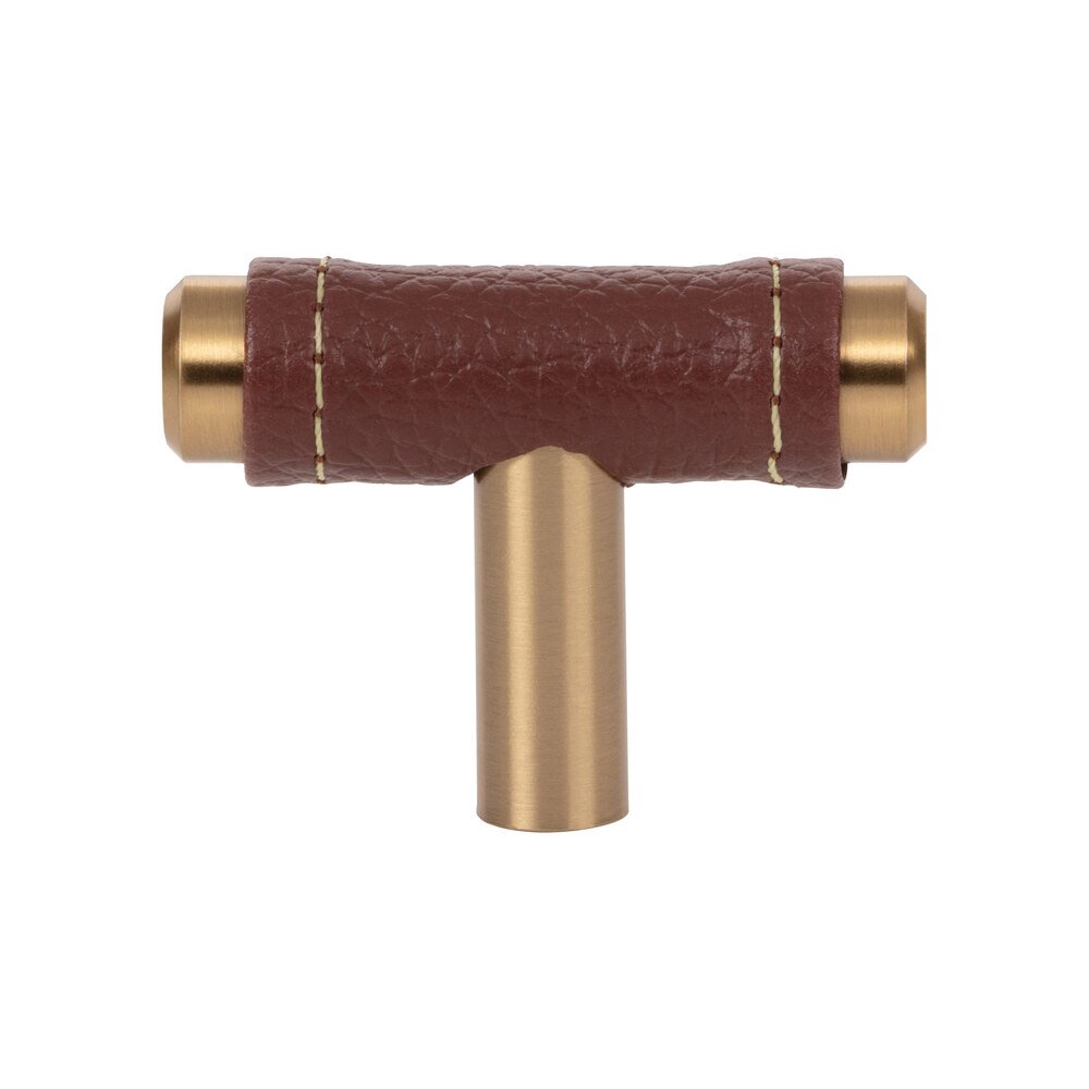 1 7/8" Long Knob in Brown Leather and Warm Brass