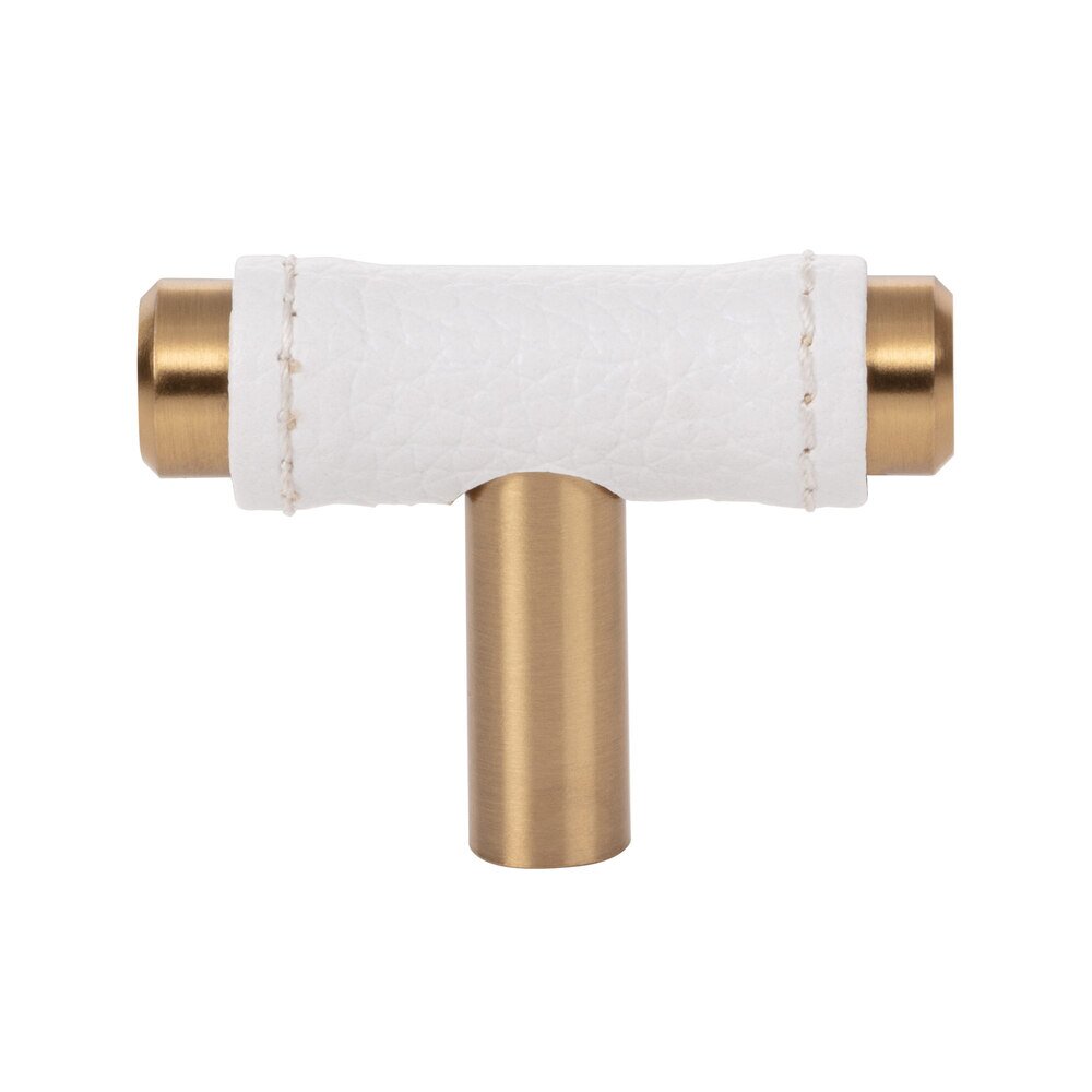 1 7/8" Long Knob in White Leather and Warm Brass